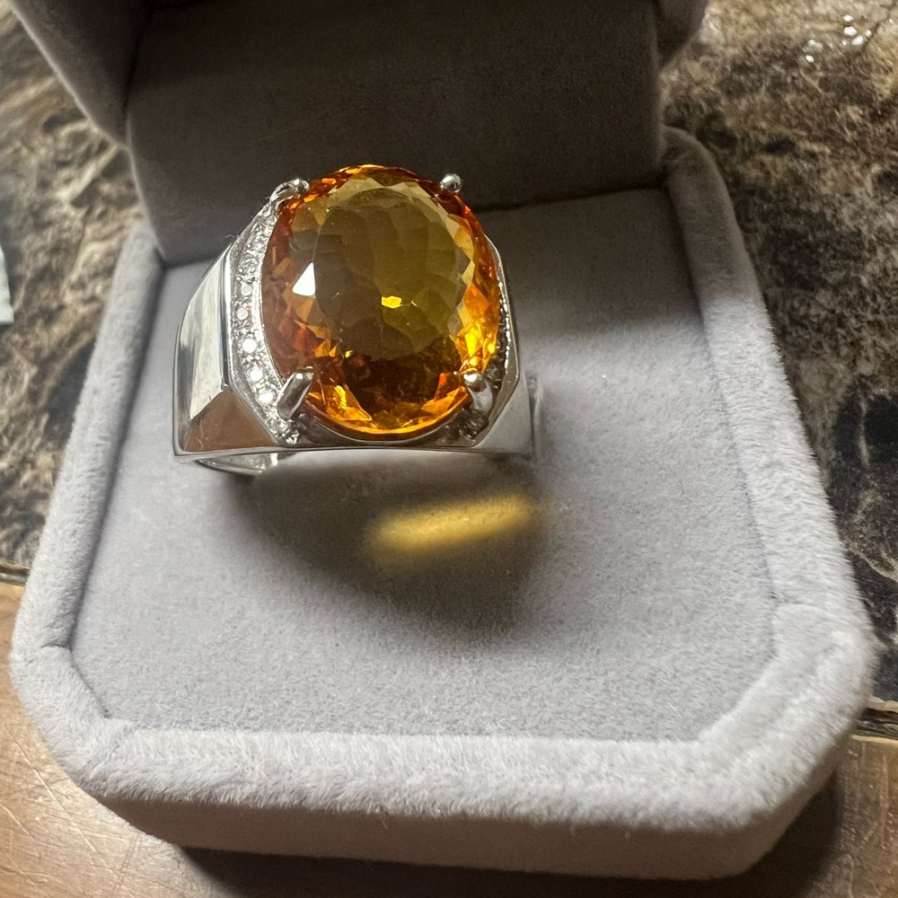 Elegant Silver Ring with citrine Gemstone for men thick setting s925 silver